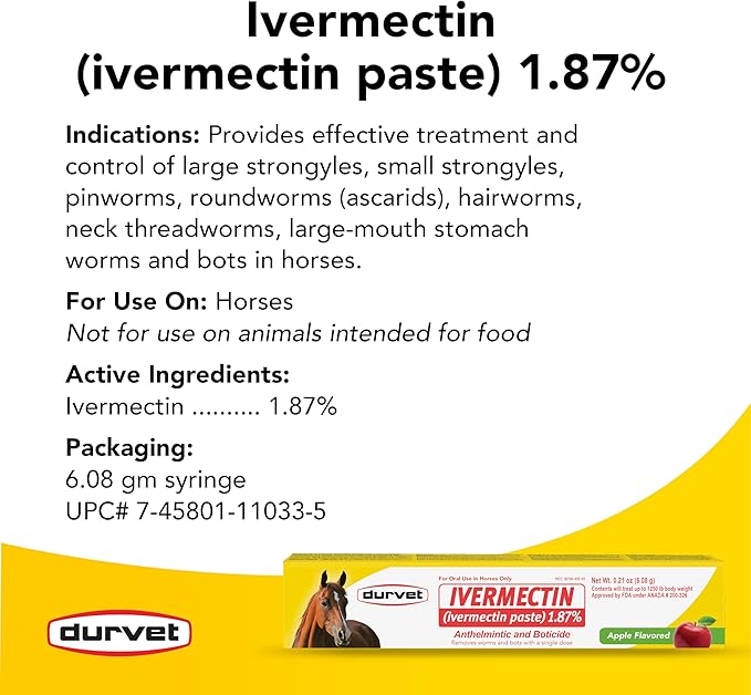 Durvet Ivermectin Paste Dewormer for Horses – 1.87% Apple Flavor, 6.08g Oral Dose (Pack of 3)
