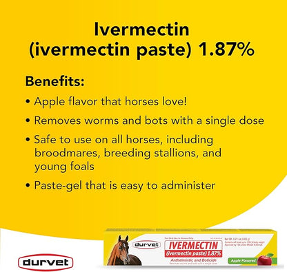 Durvet Ivermectin Paste Dewormer for Horses – 1.87% Apple Flavor, 6.08g Oral Dose (Pack of 3)